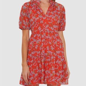 CeCe Vibrant Red Floral Mini Short Sleeve Dress